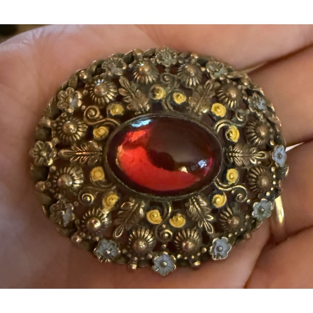 Victorian Brooch Brass Filigree Blue Yellow Flower Red Stone C Clasp Boho Czech?